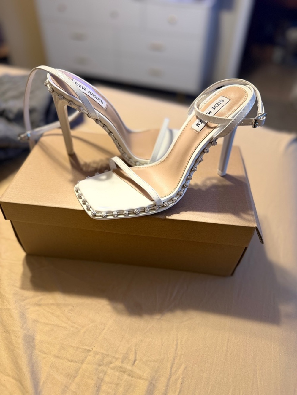 Steve Madden White Pearl-Trim Stiletto Sandals